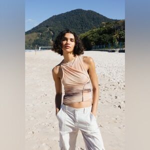 NWT Zara Tan Peach Colorful Round Neck Ruched Sleeveless Summer Top Size Medium